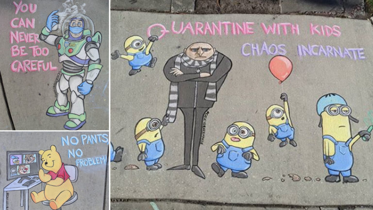 Chalk drawings on the sidewalk.