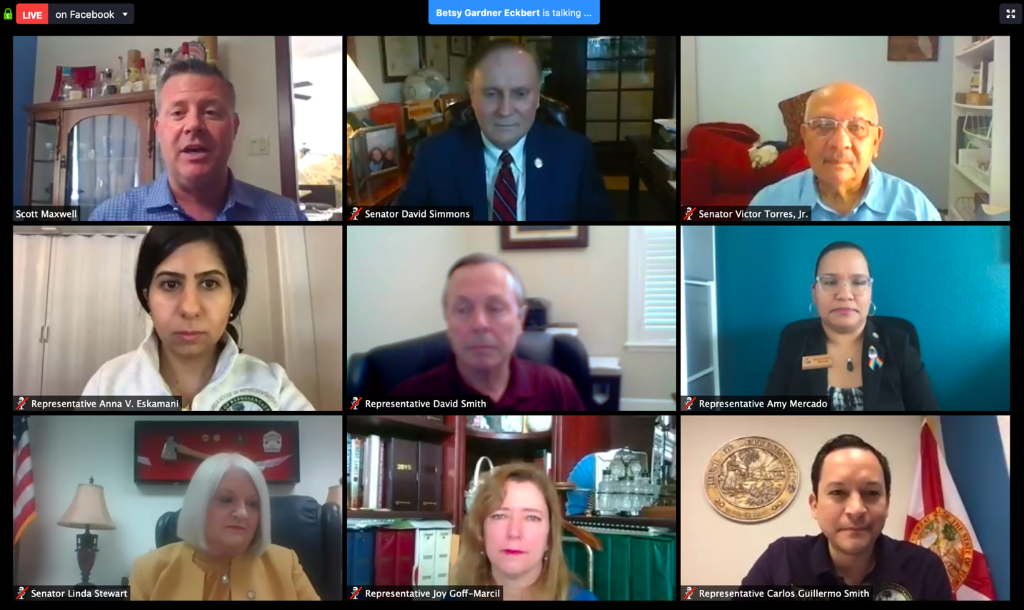 A group of legislators in a virtual meeting
