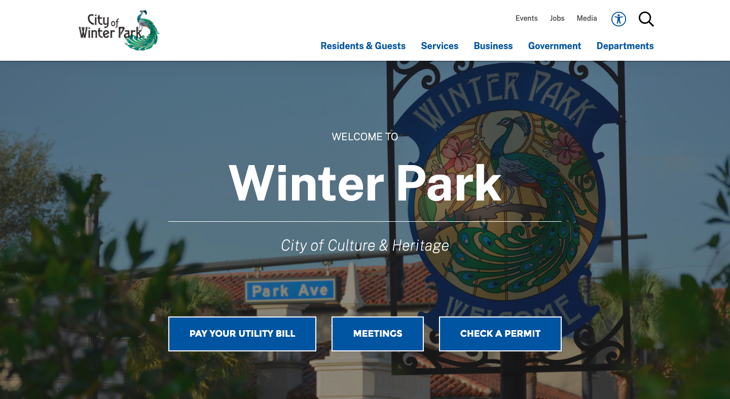 Redesigned City of Winter Park home page.
