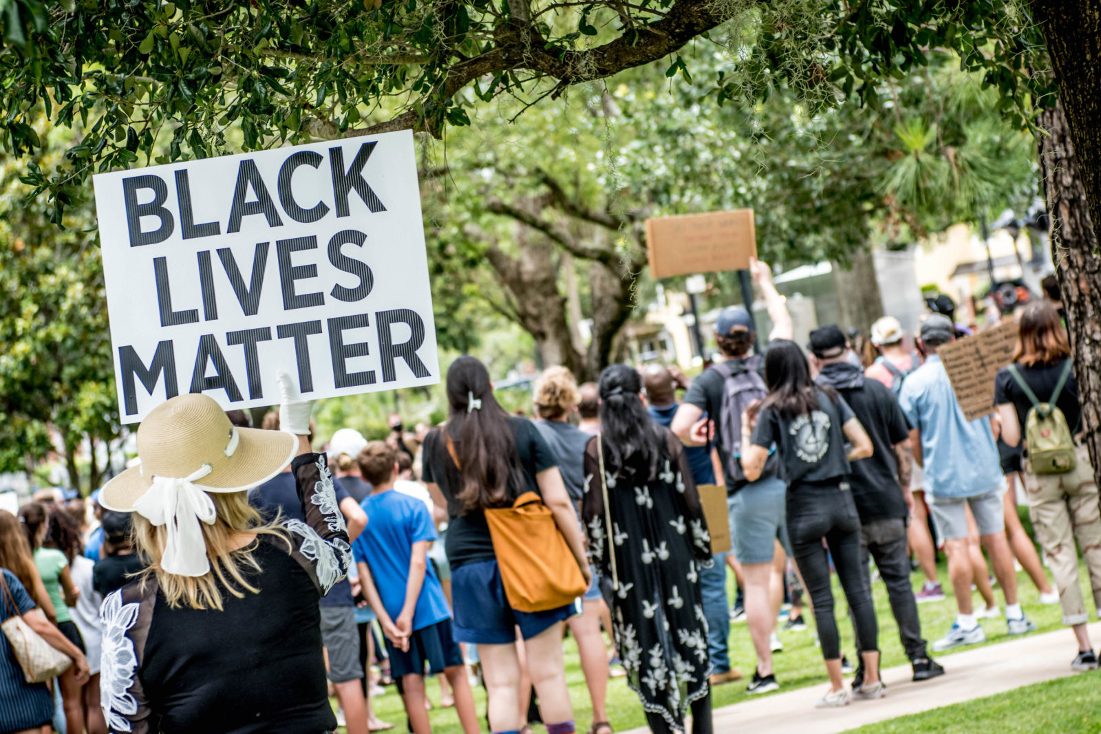 Black Lives Matter protestors hold up signs in Central Park.