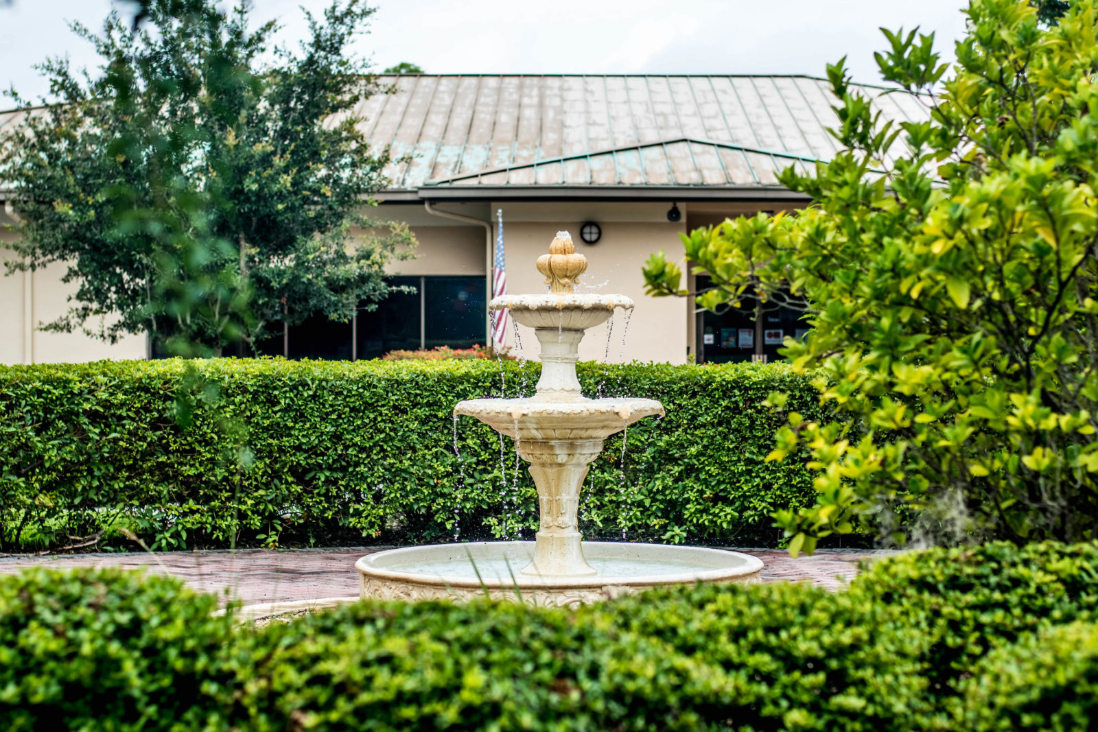 Fountain in an outdoor area of The Gardens at DePugh Nursing Center.