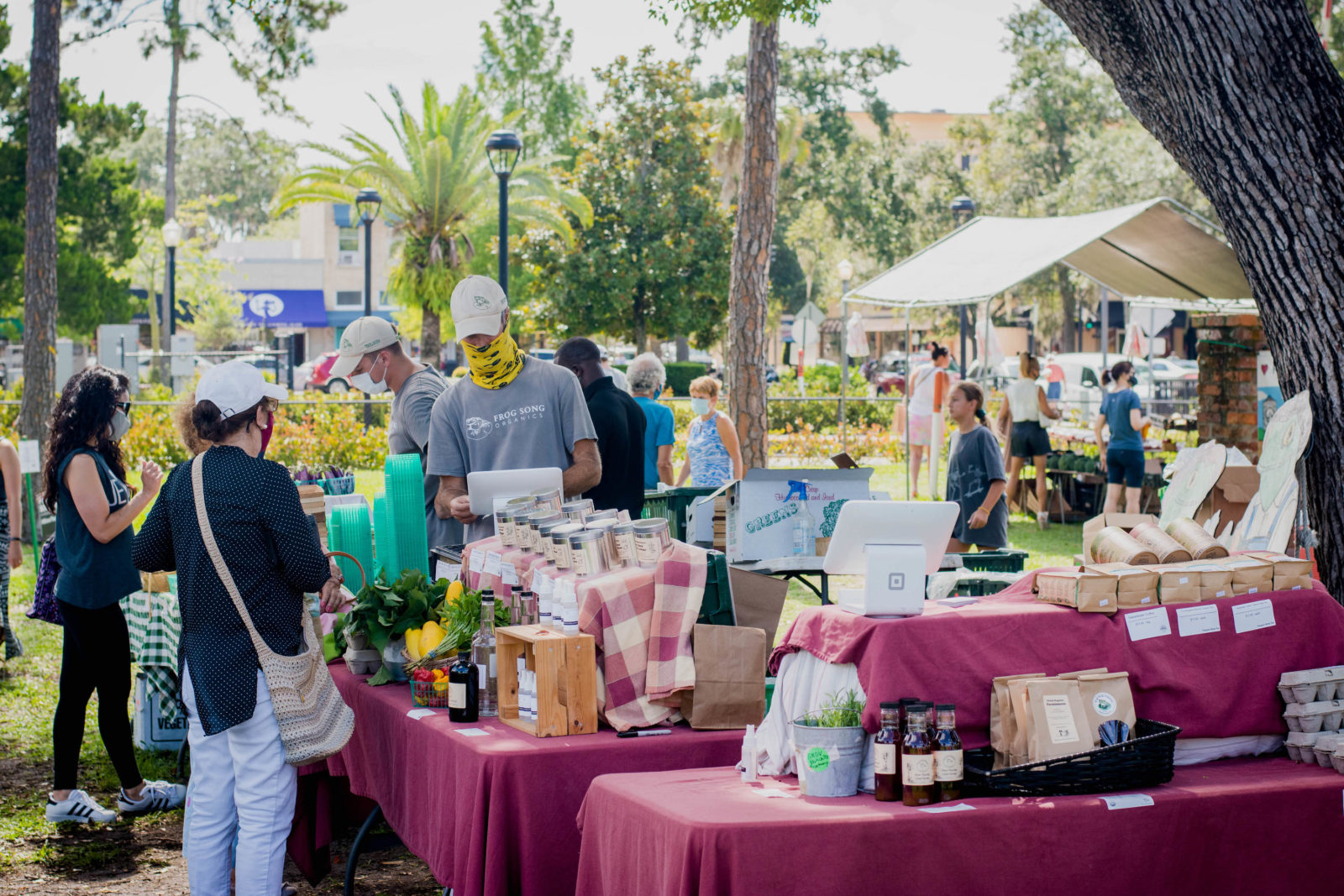 People gather at the Frog Song Organics stand at the Winter Park Farmer's Market.