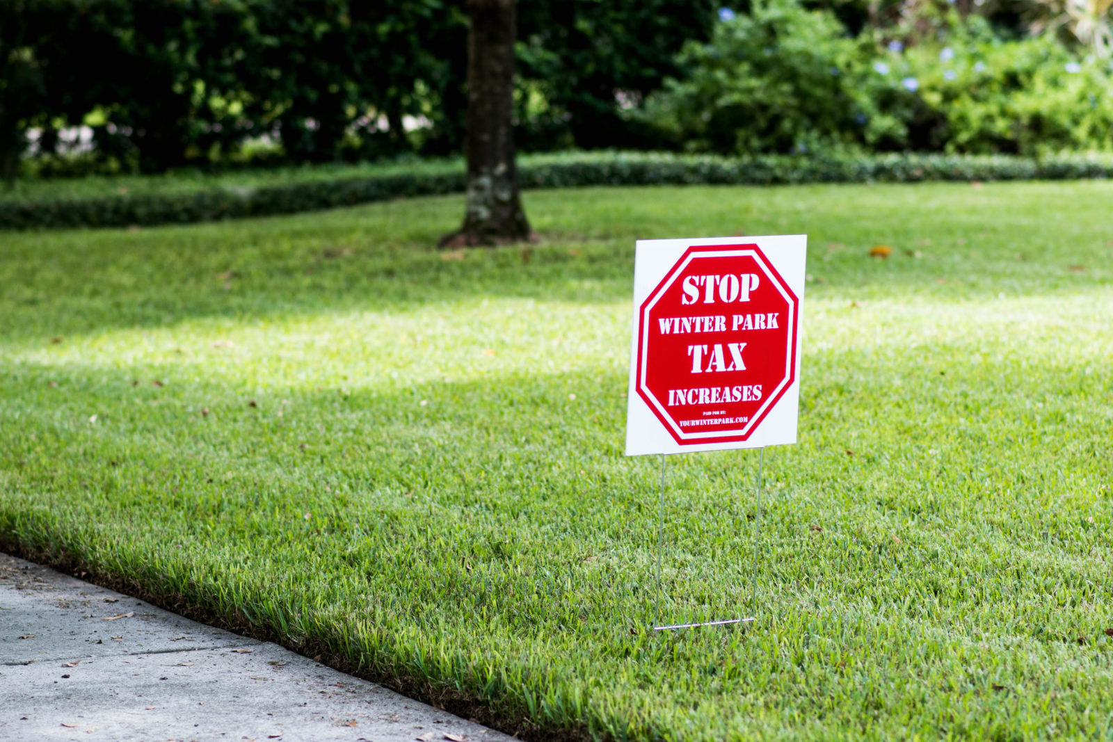 Anti tax increase yard sign on a lawn in Winter Park, Fla.
