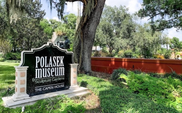 Welcome sign outside the Albin Polasek Museum in Winter Park, Florida.