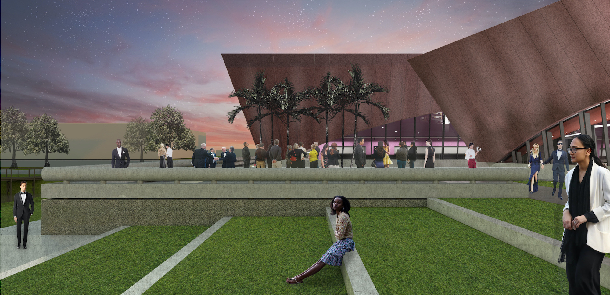 Rendering shows a mock-up of the new WInter Park Events Center with dark down and red brick and a green space with people.