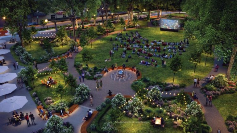 Renderings show green space with tables for eating and string lights